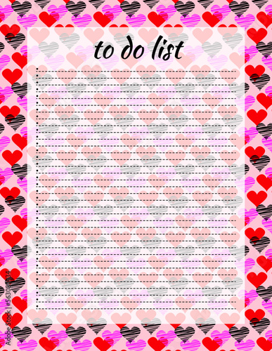 Cute letter format to do list template with captions and decorative print in hearts. Organizer with ruled page and flags. Trendy self organization concept with graphic design elements
