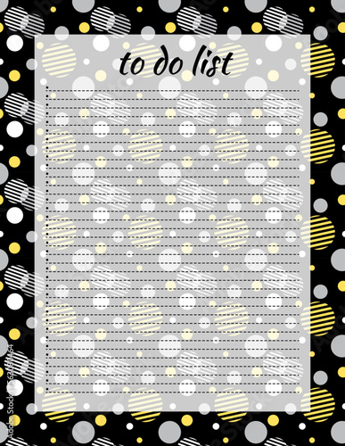 Cute letter format to do list template with lettering and geometric print. Organizer with ruled page and flags. Trendy self organization concept with graphic design elements. Vector illustration