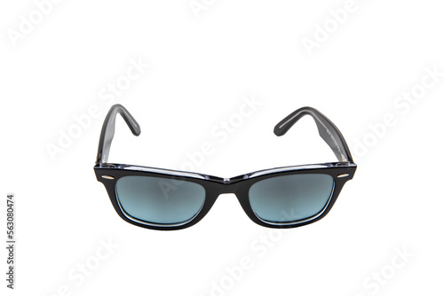 Sunglasses with tinted thick square horn frame, matte tinted lenses and thick rimmed sunglasses isolated on white background. Side view.