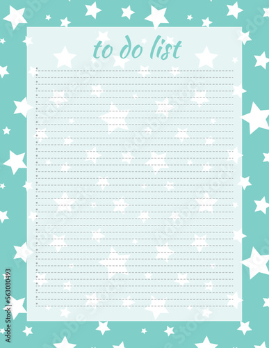 Cute letter format to do list template with lettering and stars print. Organizer with ruled page and flags. Trendy self organization concept with graphic design elements. Vector illustration