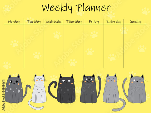 Cute weekly to do list template with a doodle style illustration of cartoon cats. Weekly planner organizer. Trendy self organization concept with graphic design elements. Vector illustration