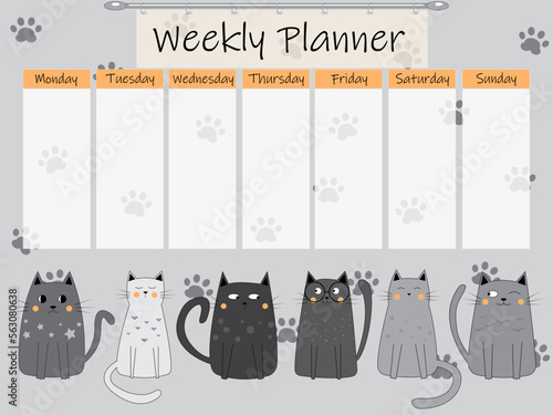 Cute weekly to do list template with a doodle style illustration of cartoon cats. Weekly planner organizer. Trendy self organization concept with graphic design elements. Vector illustration