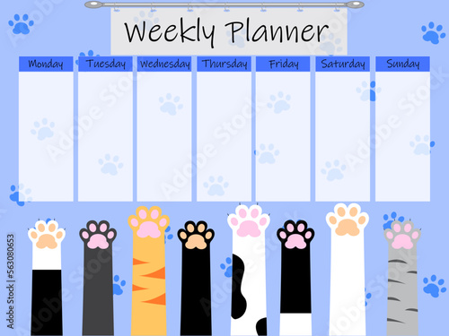 Cute weekly to do list template with an illustration of cat paws. Weekly planner organizer. Trendy self organization concept with graphic design elements. Vector illustration