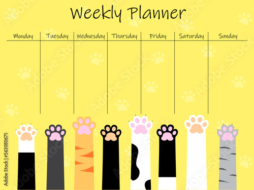 Cute weekly to do list template with an illustration of cat paws. Weekly planner organizer. Trendy self organization concept with graphic design elements. Vector illustration