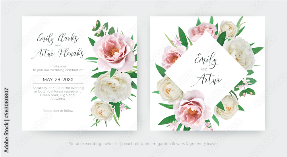 Floral wedding invite, save the date card set. Pink, peach peony flower, cream rose flowers, green garden leaves bouquet. Editable, watercolor style vector Illustration. Elegant spring template design
