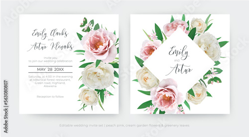 Floral wedding invite, save the date card set. Pink, peach peony flower, crea...