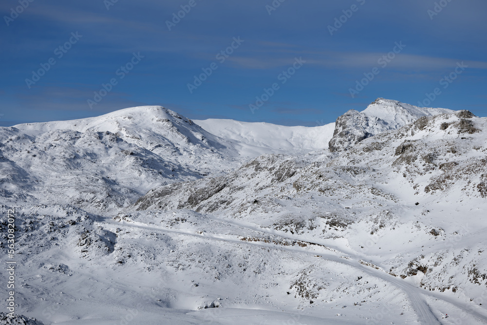 Obraz premium Amazing view of different mountain peaks with snow during winter. Beautiful mountain range and amazing attraction for alpine climbers. Adventurous lifestyle. 