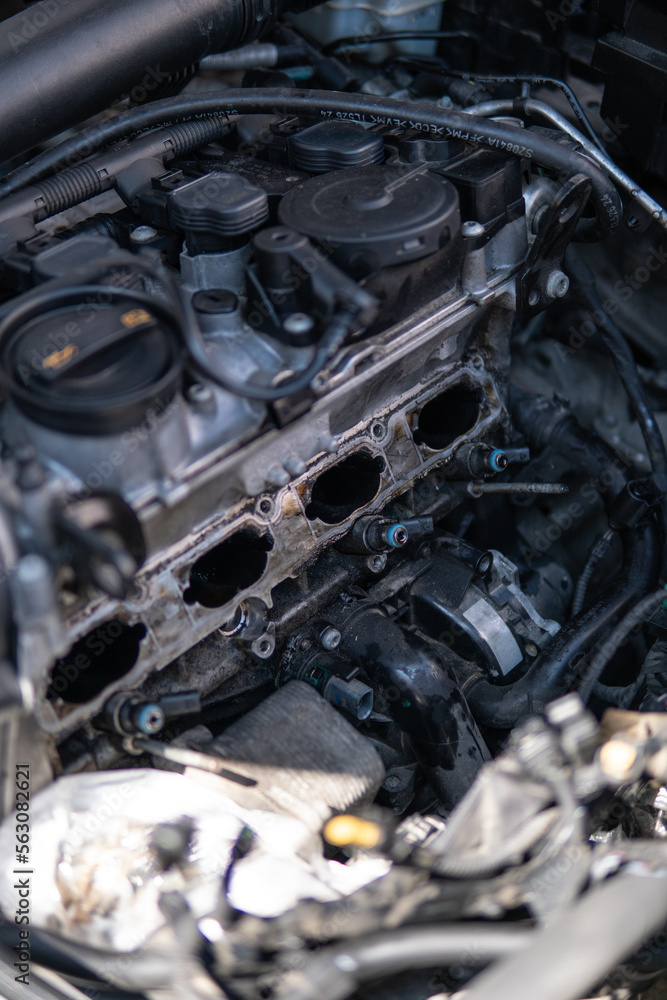 Dirty intake manifold. Close up of dirty intake manifold ports. Engine