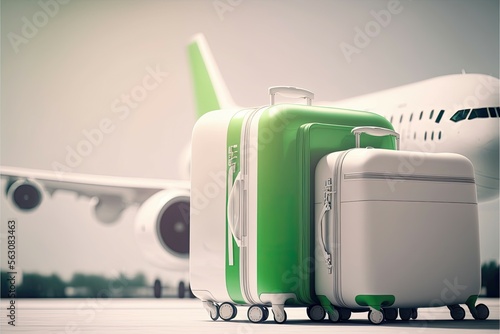 Generative AI green and white suitcases in white airport Travel concept, 3d with plane