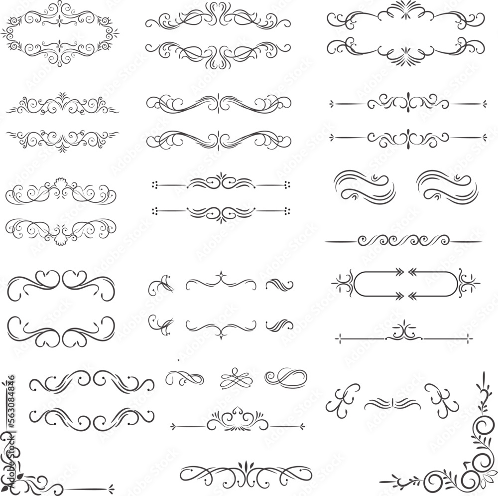 Set of mixed border corners and floral classical decorations, Vector illustration of decorative corner frame set.