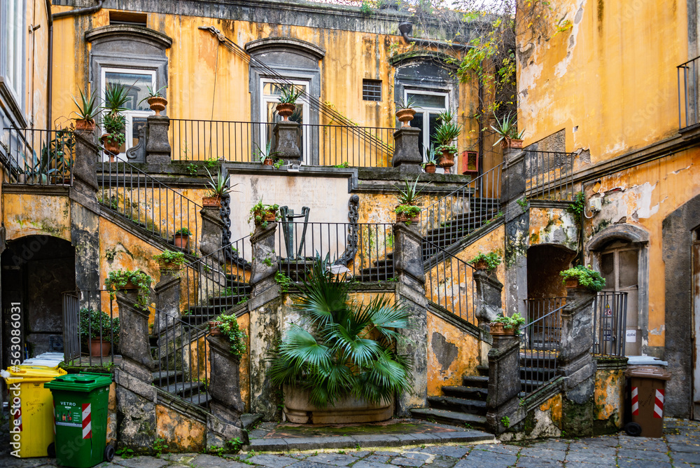 The staircases of Palazzo Marigliano, Naples, Italy. Palazzo Marigliano is a historical, renaissance-style palace in Naples city center.