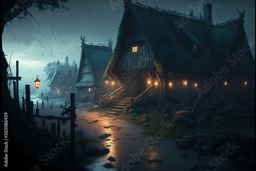 Ancient medieval village at night ,made with Generative AI