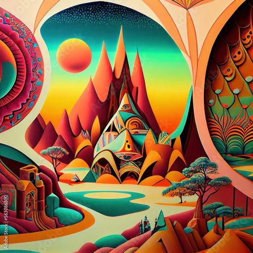 Abstract psychedelic colorful landscape scenery background ,made with Generative AI