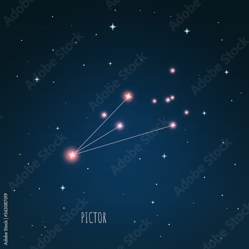 Constellation scheme in starry sky. Open space. Vector illustration Pictor constellation through a telescope