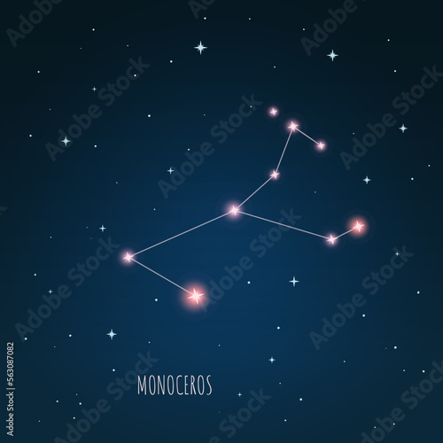 Constellation scheme in starry sky. Open space. Vector illustration monoceros constellation through a telescope