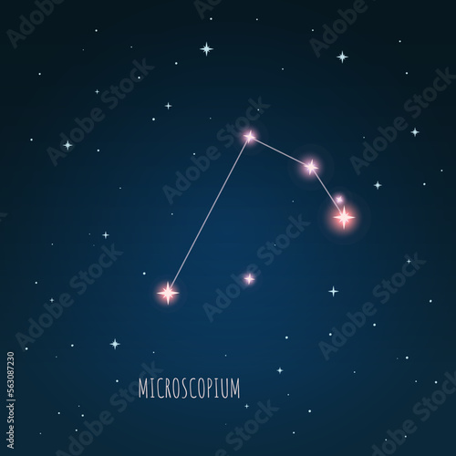 Constellation scheme in starry sky. Open space. Vector illustration Microscopium constellation through a telescope
