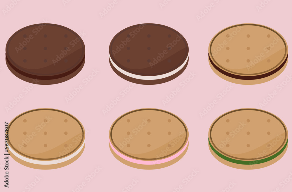 クッキーサンドのイラスト。ビスケットサンドベクターのイラスト。バニラクリーム、ココアクリーム。