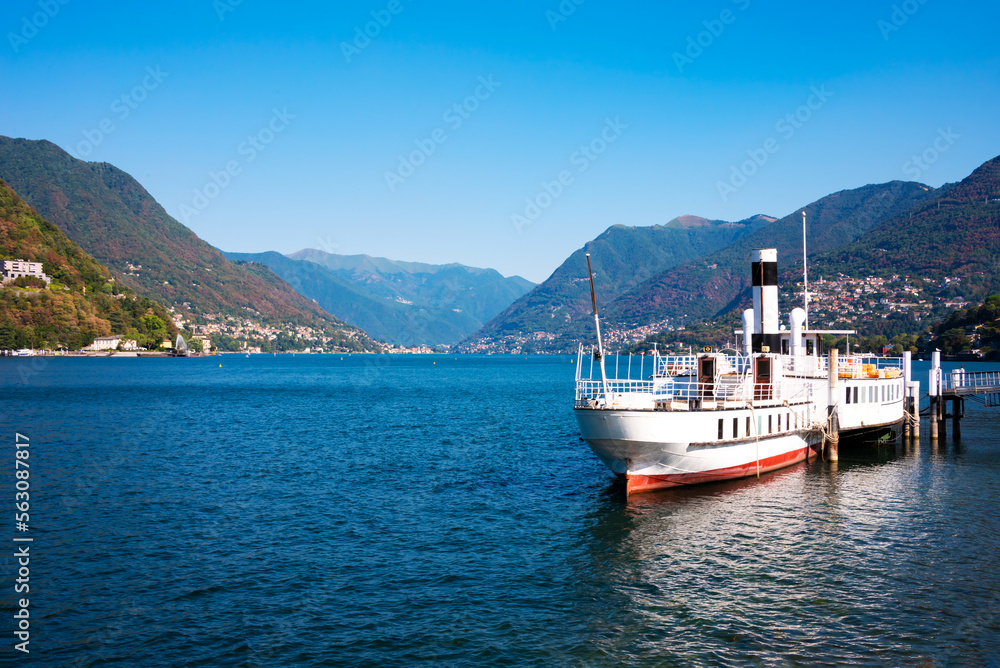 Beautiful landscape of lake Como with a boat Beautiful landscape of lake Como with a boat