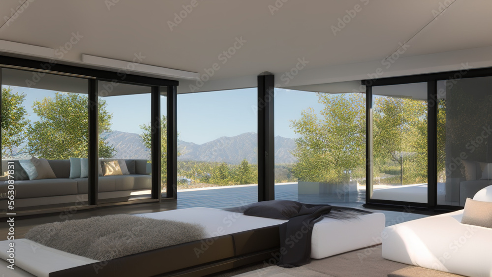 Fototapeta premium modern bedroom with view, Generative AI