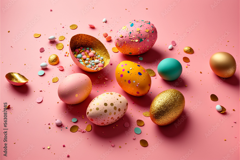 A group of colorful eggs on a pink surface with confetti around them and a gold egg on the right side of the image, and a pink background with confetti, Generative AI A group of colorful eggs on a pink surface with confetti around them and a gold egg on the right side of the image, and a pink background with confetti, Generative AI