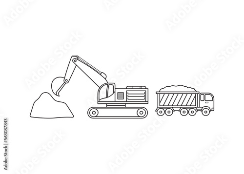 Hand drawn color children construction vehicle excavator and dump truck