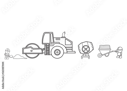 Hand drawn color children construction set of construction worker with road roller and cement mixer