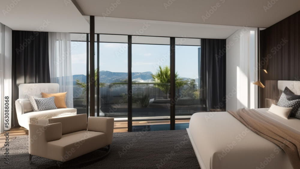 Fototapeta premium modern bedroom with view, Generative AI
