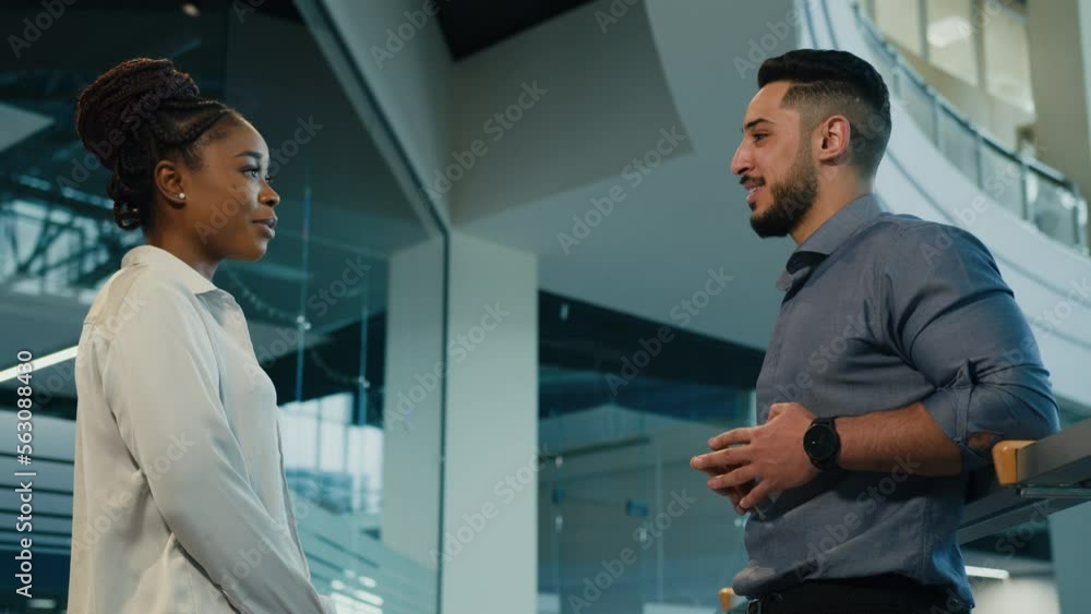 Two multiethnic multiracial colleagues in office talking diverse ...