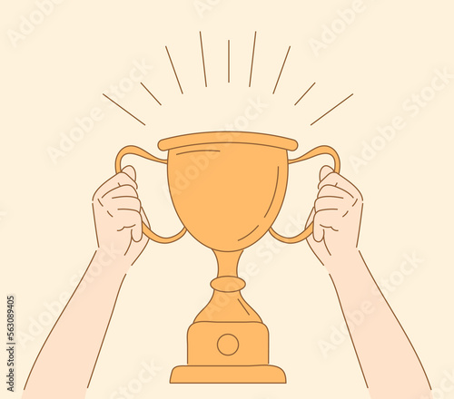 Cup in hands vector in sketch style. First place icon. Champion cup in doodle style. Awards, trophy cups, stars.