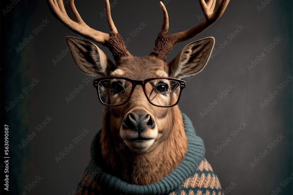a deer wearing glasses and a sweater with a sweater on it’s head and a