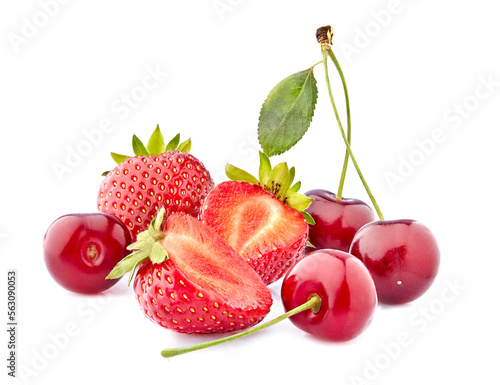 Fototapeta Naklejka Na Ścianę i Meble -  Sweet cherries with strawberries isolated on white background cutout. Ripe berries closeup. Berries assorted.