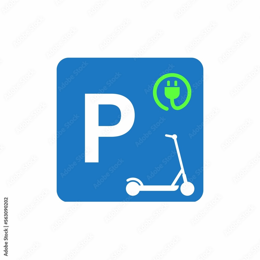 Blue electric scooter park area plate symbol with green plug sign and scooter icon Blue electric scooter park area plate symbol with green plug sign and scooter icon