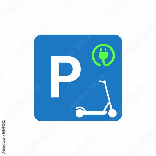 Blue electric scooter park area plate symbol with green plug sign and scooter icon