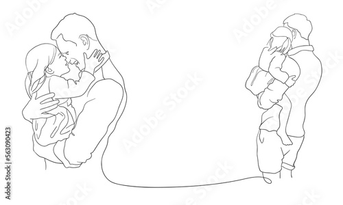 Continuous line drawing of father and his daughter on white background. Happy young father hugging his little daughter. Outline vector illustration