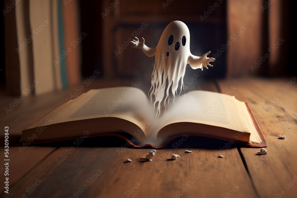 un petit fantôme sort des pages d'un livre posé sur une table en bois - illustration ia - obrazy, fototapety, plakaty 