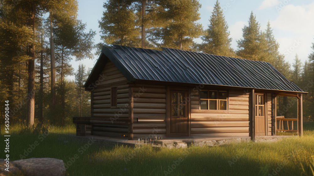 small log cabin on the outskirts, in the middle of the environment, Generative AI small log cabin on the outskirts, in the middle of the environment, Generative AI