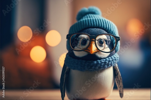  a penguin wearing glasses and a blue hat with a scarf around it's neck and a knitted cap on its head, with a pair of glasses on it's feet,. generative ai generative ai