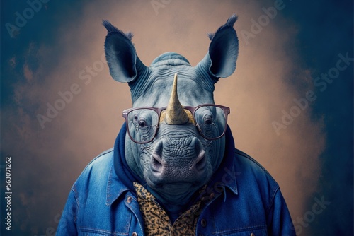  a rhino wearing glasses and a blue jacket with a horned head and a leopard print tie on it's neck and a blue jacket jacket jacket jacket on his shoulders and a brown background. generative ai photo