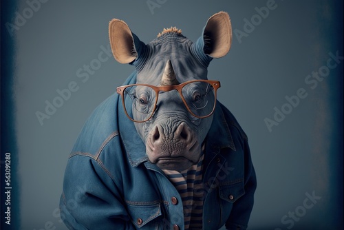  a rhino wearing glasses and a denim jacket with a tie and jacket jacket on it's head, with a blue background and a blue background with a black border and white border,. generative ai generative ai photo