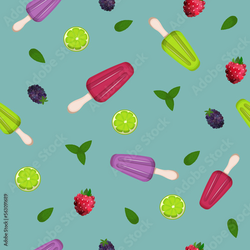 Pattern with fruit and Mexican Paletas ice cream on blue background. Cool summer Latin American dessert with berries. Vector illustration. Cartoon.