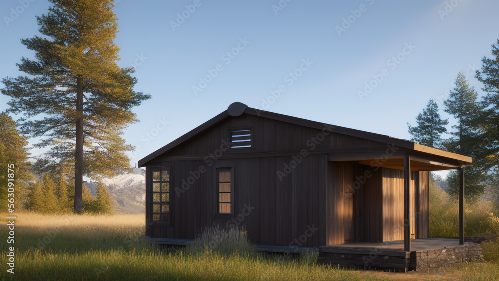 Fototapeta premium small log cabin on the outskirts, in the middle of the environment, Generative AI