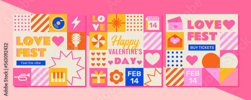 A set of 3 mosaic-style templates to celebrate Valentine's Day festival. The design is perfect as a holiday invitation, postcard or social media ad and much more