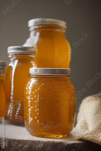 Jars with honey. A useful fortified bee product for health and beauty. Honey Bee. Front View. Illustration.