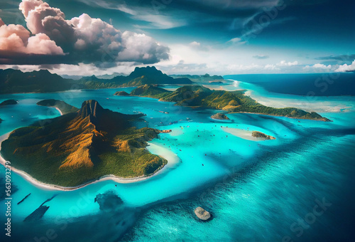Bora Bora aerial view from drone. Island in French Polynesia. White sandy beach and mountain. Palm trees and blue lagoon. Generative Ai Art.