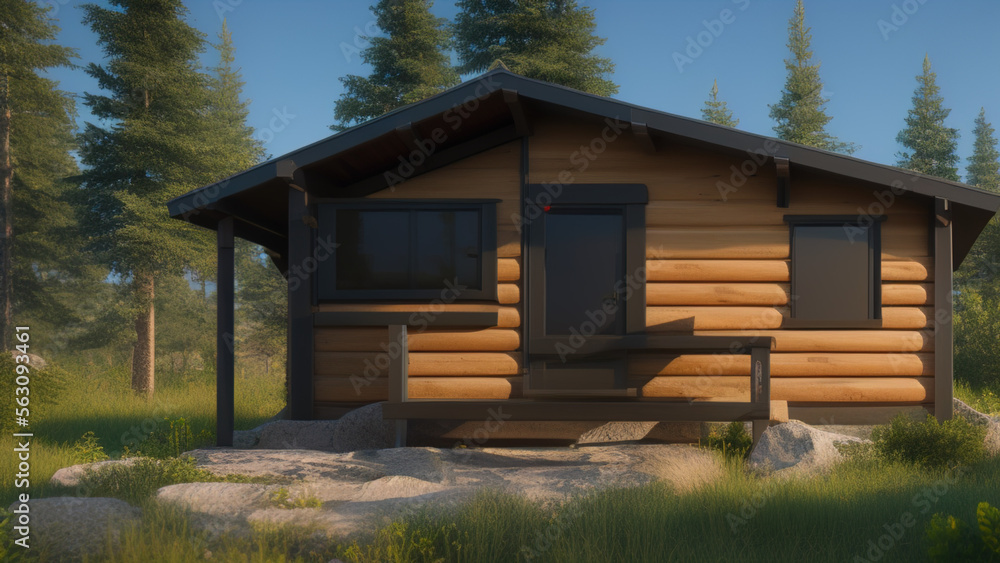 small log cabin on the outskirts, in the middle of the environment, Generative AI small log cabin on the outskirts, in the middle of the environment, Generative AI