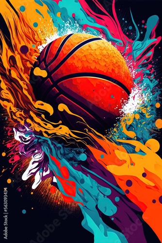  a basketball with splashes and colors on it is shown in this image, it appears to be a basketball with a splash of color on it's surface and is in the background. © Oleg