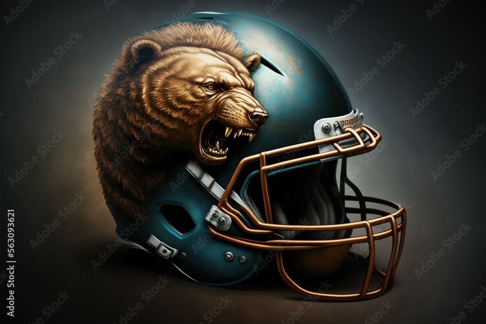a bear head on a football helmet with a black background and a gold