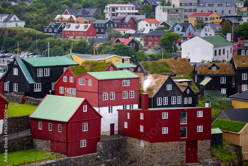 A view of the symbolic red houses of Tornhavn on the Faroe Islands. 