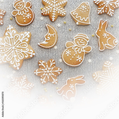 Yummy Christmas Cookies. Traditional Gingerbread Dessert. Top View. New Year Backdrop. Photo with white gradient