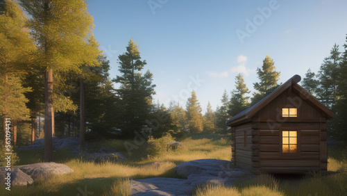 small log cabin on the outskirts, in the middle of the environment, Generative AI © Francisco